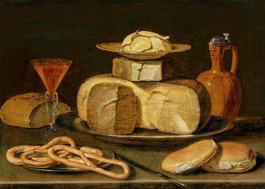 Baroque still-life painting of cheese, bread, pretzels and wine by Clara Peeters