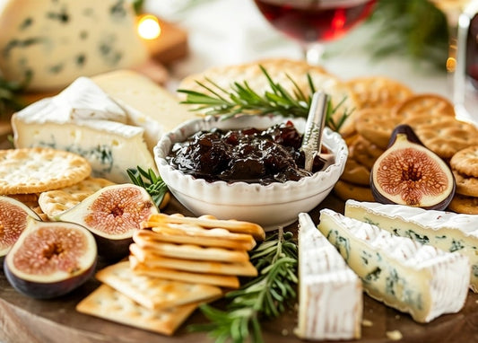 Wooden cheese board with brie, blue cheese, figs, fig jam and red wine