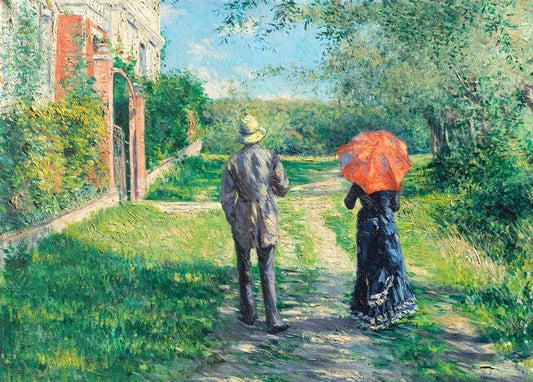 Gemälde Chemin Montant von Caillebotte: ein Paar auf sonnigem Feldweg, die Frau mit rotem Sonnenschirm