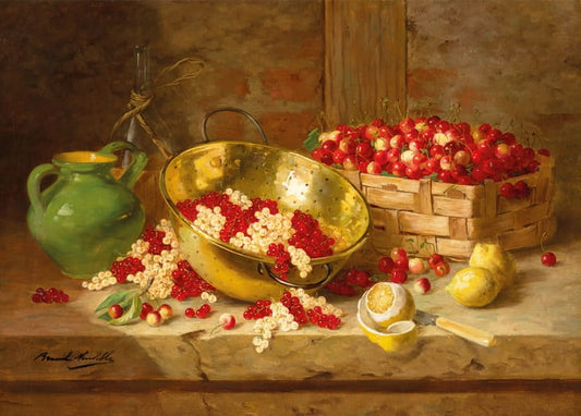 Red and white currants, cherries, lemons and a brass colander on a stone tabletop; still life by Brunel de Neuville