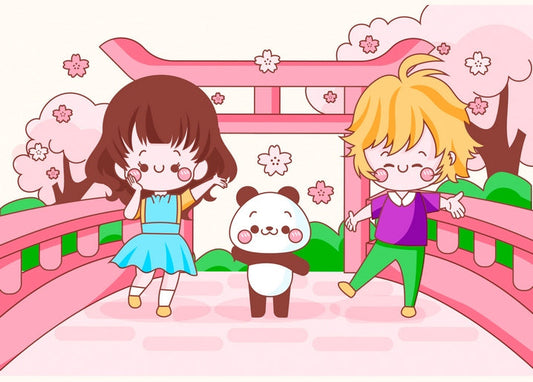 Girl, boy and panda meeting on a pink bridge under a cherry blossom torii gate