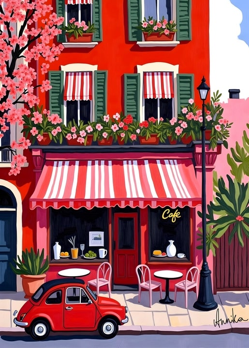 Illustration of a red café with cherry blossoms and a vintage car on the street