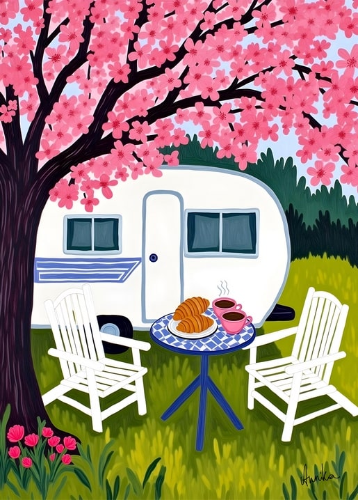 Pink cherry blossom tree shading a vintage camper with croissants and coffee for two on a garden table