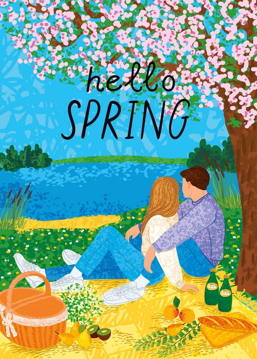 Пара сидить біля озера під квітучою вишнею серед пікніка, напис «hello spring».