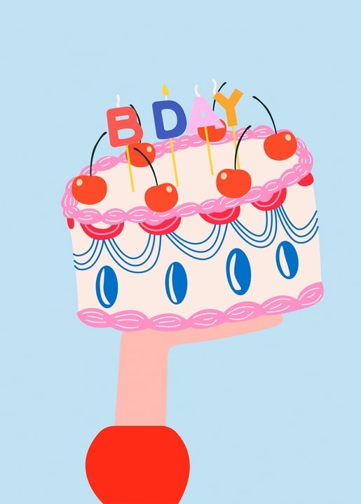 Illustrated hand holding a cherry-topped cake with candles spelling 'BDAY'