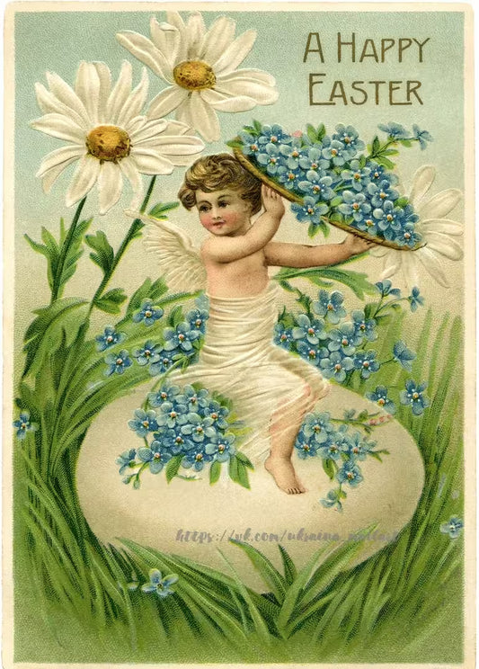 Vintage-Postkarte mit einem Putto auf einem Osterei zwischen Gänseblümchen und Vergissmeinnicht.