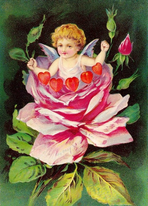 Vintage illustration of a cherub emerging from a pink rose blossom holding a string of hearts