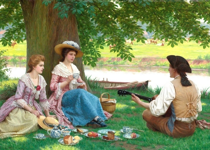 Zwei Frauen und ein Lautenspieler picknicken unter einem Kastanienbaum, Rehe auf der Wiese
