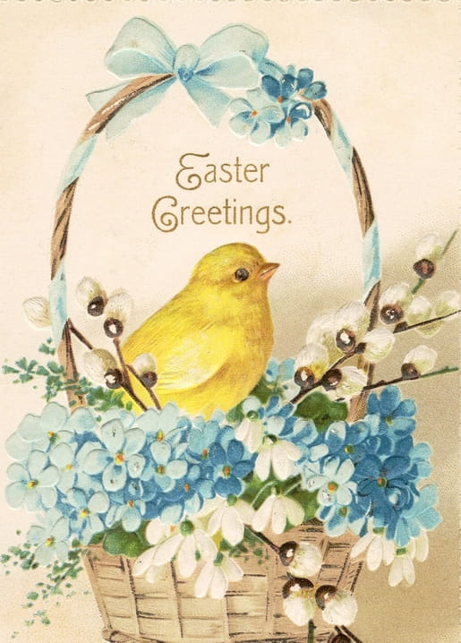 Postkarte mit Küken und Vergissmeinnicht in einem Bänderkranz, Aufschrift „Frohe Ostergrüße“
