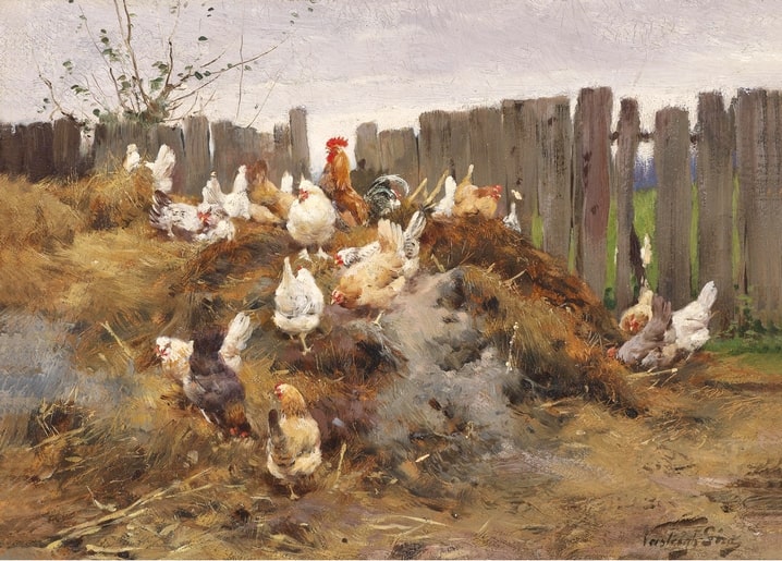 Painting of a rooster and hens scratching through hay by a wooden fence
