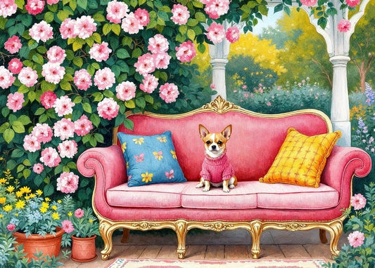 Illustrated chihuahua in a pink sweater on a rose garden sofa