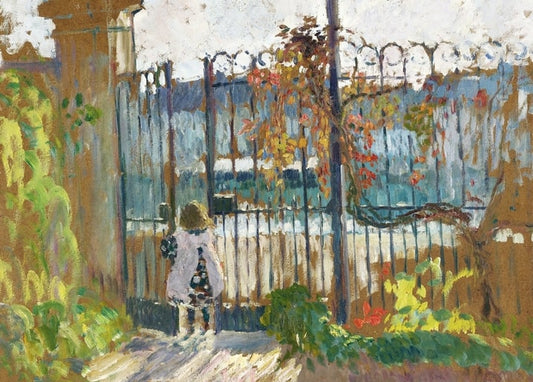 Impressionist painting of a child at a wrought-iron garden gate with red autumn vines