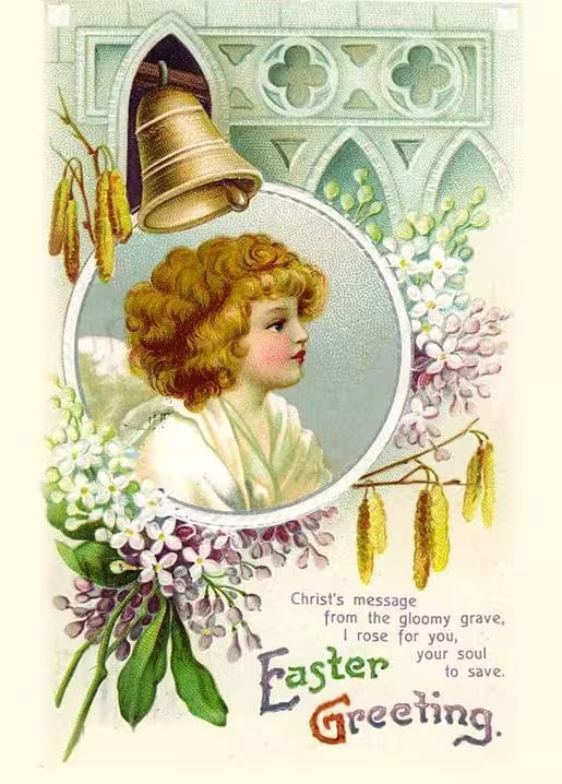 Kinderporträt im Oval mit goldener Glocke, Kätzchen und Flieder, Vintage-Osterpostkarte