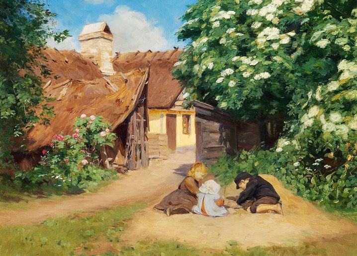 Three children play in a farmyard beside a thatched cottage with blossoming elder tree and pink roses