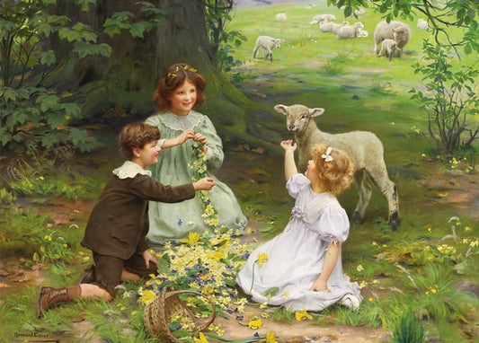 Children weaving a garland of primroses and violets as a lamb approaches in a spring wood