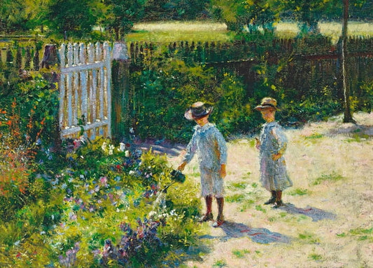 Impressionist painting of two children in straw hats by a garden gate with blooming flowers.