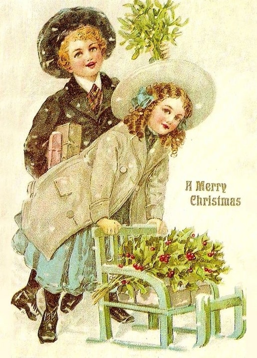Vintage-Weihnachtspostkarte mit zwei Kindern, Geschenken und einem mit Stechpalme geschmückten Schlitten