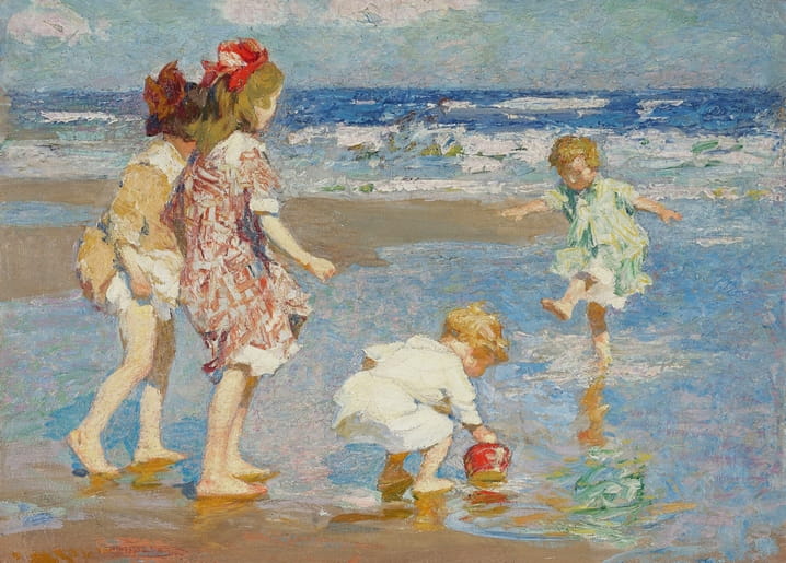 Impressionist painting of children playing in ocean surf by Edward Henry Potthast, reproduced as a postcard