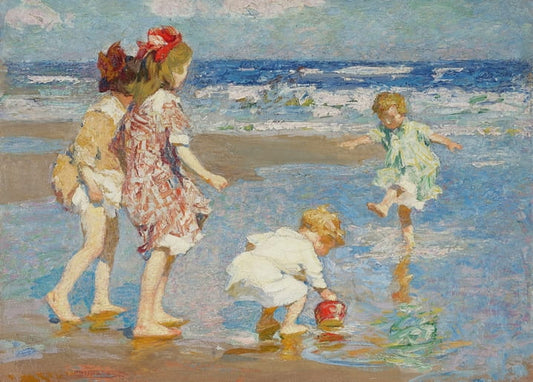 Impressionist painting of children playing in ocean surf by Edward Henry Potthast, reproduced as a postcard