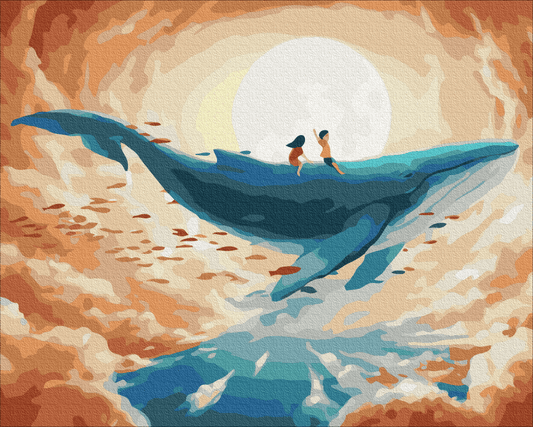 Two children riding a giant blue whale flying through clouds beneath a glowing moon