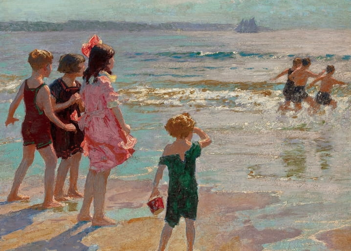 Impressionist painting of children in bathing dress at the seashore, with boys running into the surf.