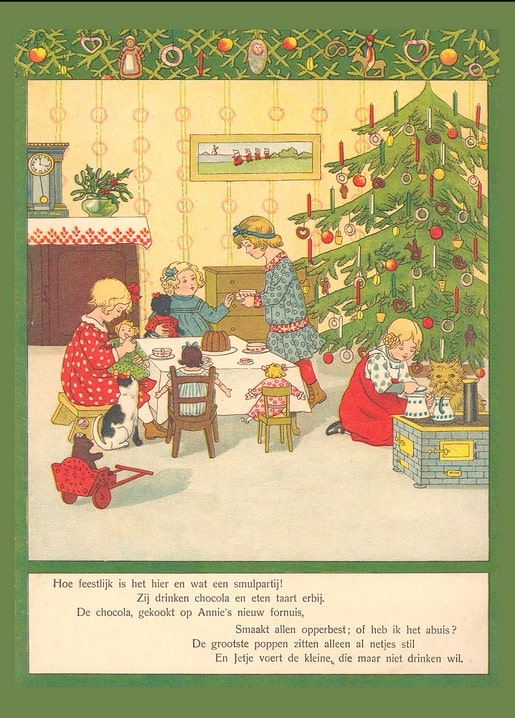Vintage Christmas illustration of children hosting a doll tea party by a candlelit tree, with Dutch verse below.