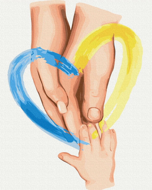 Дитячі руки торкаються одна одної всередині серця, намальованого синім і жовтим кольором