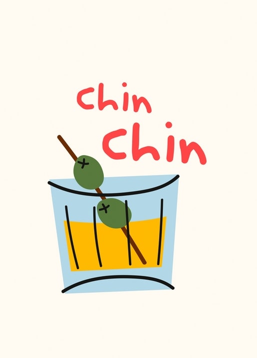 Келих коктейлю з оливкою та написом Chin Chin на кремовому тлі