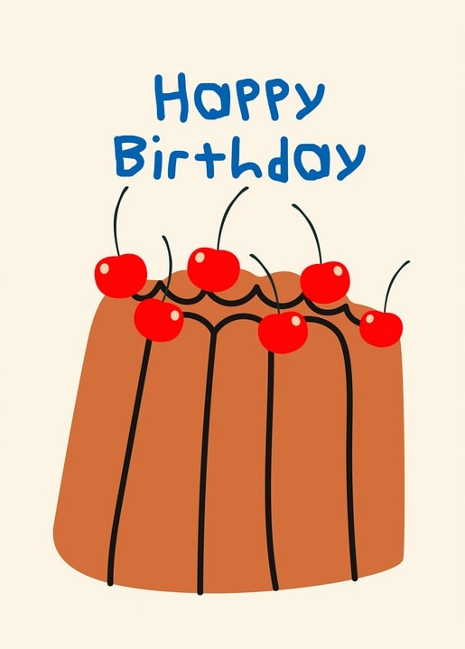 Illustrated chocolate cake topped with cherries and Happy Birthday lettering on cream background