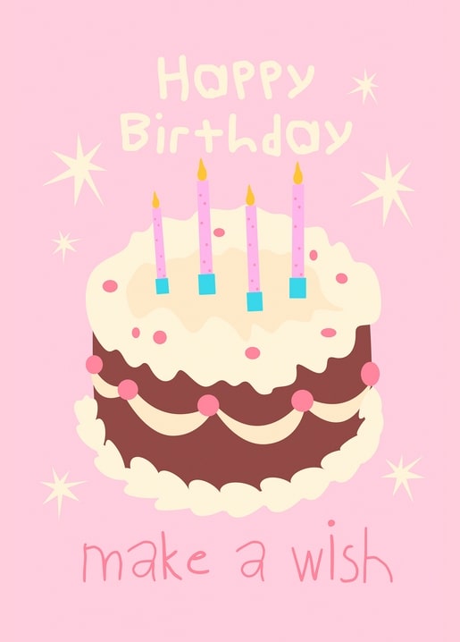 Chocolate cake with pink candles and 'make a wish' lettering on a pink starry background