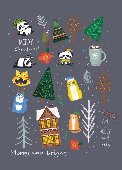 Collage aus Weihnachtspandas, Katzen, einer Eule und Lebkuchenhäusern auf Grau