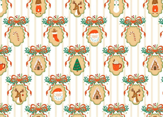 Muster mit Vintage-Weihnachtsmedaillons: Santa, Hirsch und Lebkuchenhaus