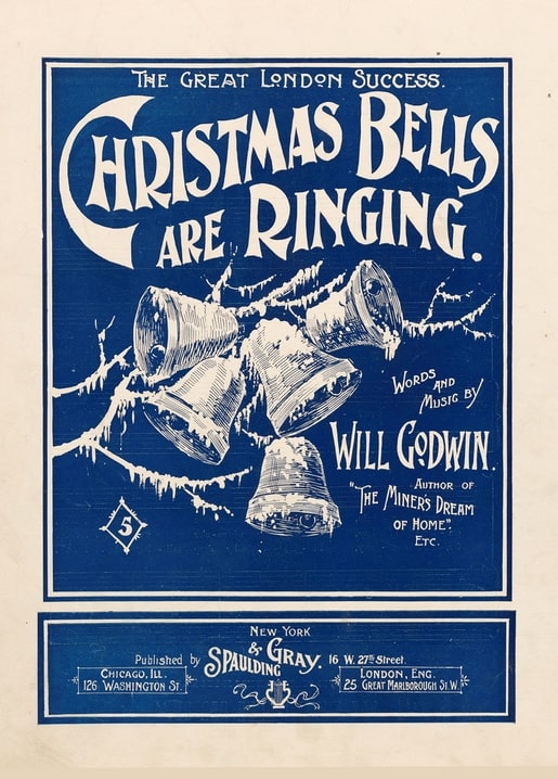 Вінтажна обкладинка нот «Christmas Bells Are Ringing» із засніженими дзвонами