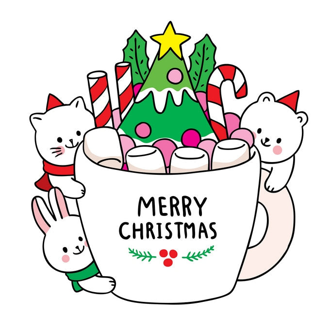 Illustrated Christmas mug of cocoa with marshmallows, candy canes, and a cat, bear, and bunny peeking over the rim