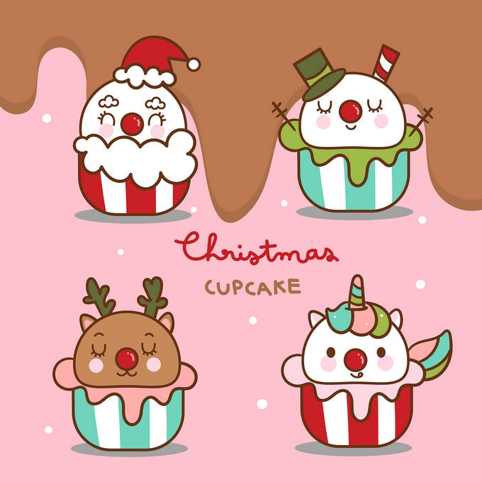 Four kawaii Christmas cupcakes shaped like Santa, a snowman, a reindeer, and a unicorn, with chocolate drip on pink.