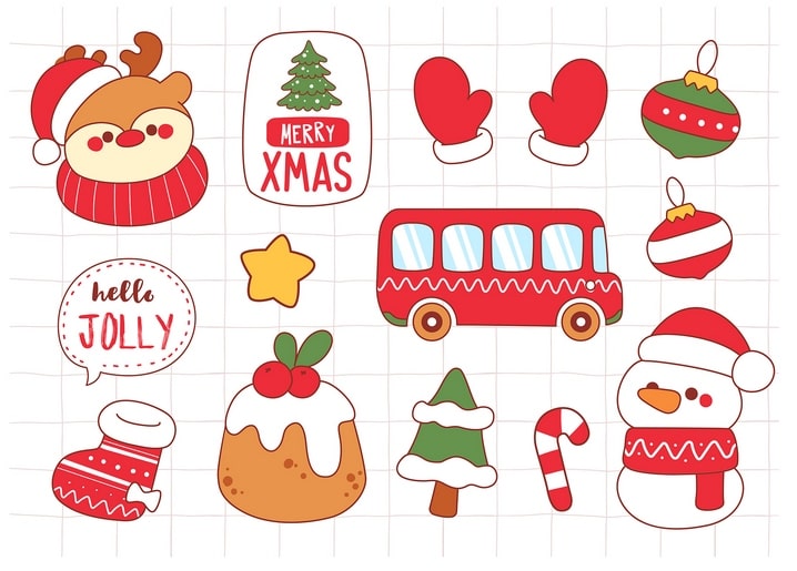 Blatt mit Weihnachtsmotiven: Rentier, roter Bus, Schneemann, Zuckerstange und Christbaumkugeln
