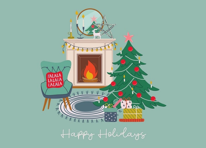 Illustriertes Weihnachtswohnzimmer mit Kamin, Baum und Geschenken