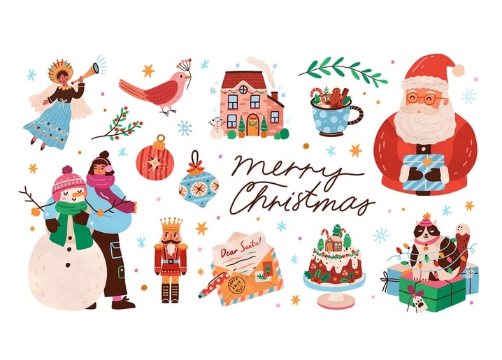 Christmas collage postcard with Santa, snowman couple, nutcracker and gift-topped cat