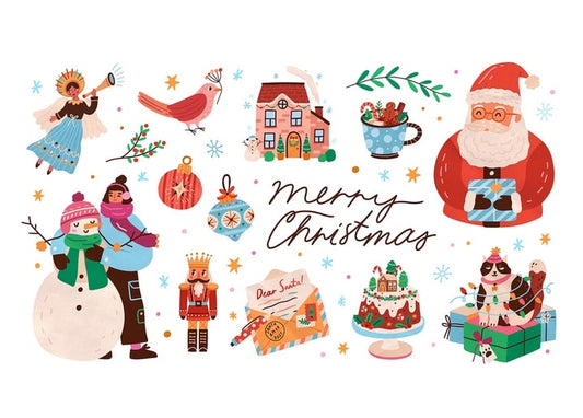 Weihnachts-Collage-Postkarte mit Santa, Schneemann-Paar, Nussknacker und Katze auf Geschenken
