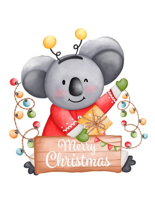 Aquarell-Koala im roten Pullover mit Geschenk vor einem Merry-Christmas-Schild mit Lichterkette