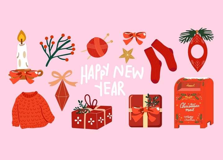 Flat-lay of Christmas items: red mailbox, knit sweater, candle, and wrapped gifts on pink