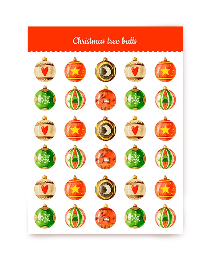 A6-Bogen mit runden Weihnachtskugel-Stickern in Herz-, Stern-, Schneeflocken- und Rentiermustern