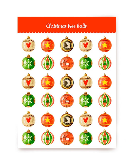 A6-Bogen mit runden Weihnachtskugel-Stickern in Herz-, Stern-, Schneeflocken- und Rentiermustern