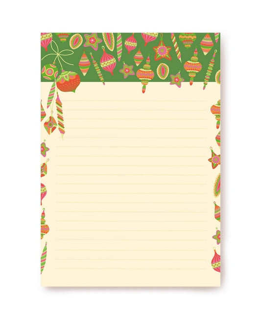 Green garland border with candy canes and star ornaments above lined A5 writing paper