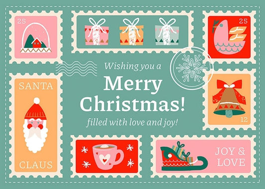Türkisfarbene Postkarte im Briefmarken-Stil mit Weihnachtsmann, Schlitten und Kakaotasse