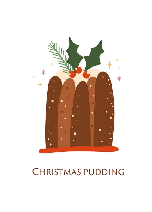 Illustration eines Weihnachtspuddings mit Stechpalme, Beeren und Glitzer