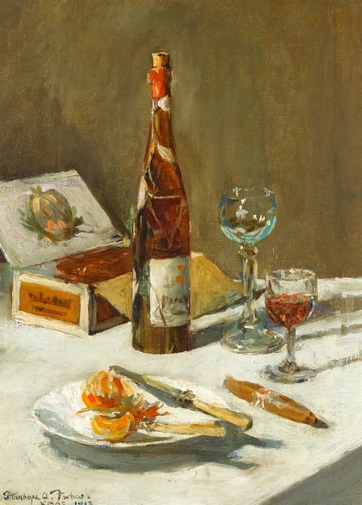 Stillleben mit Wein, Gläsern, Orangenschale und Zigarren, signiert Stanhope A. Forbes 1917