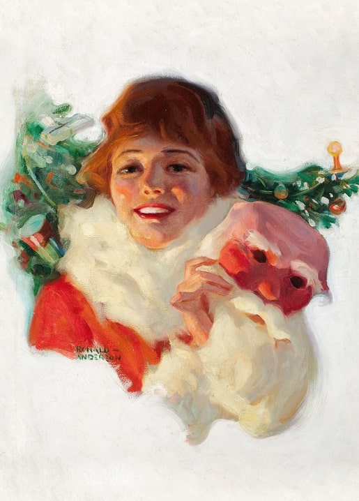 Portrait of a young woman in a fur coat holding a Santa Claus mask, surrounded by holly