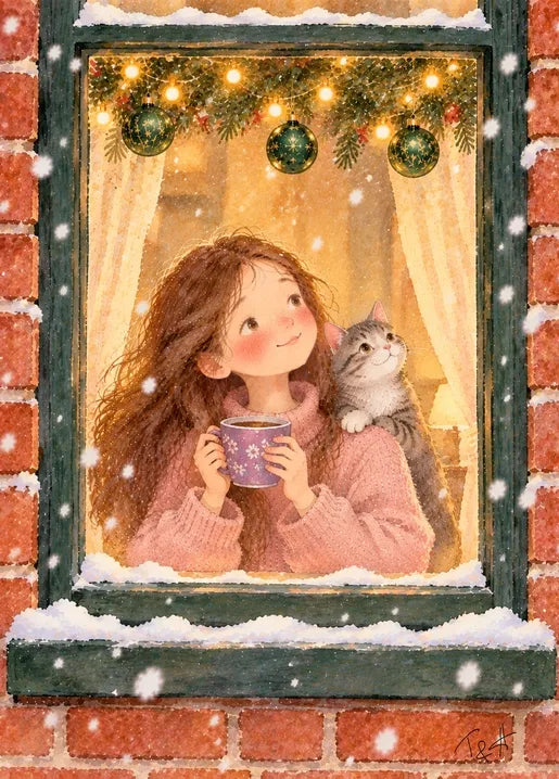 Winter postcard from Winter. Dreams of Happiness by T&A featuring a girl in a pink sweater holding a purple mug beside her cat at a warmly lit window framed with Christmas garland as snow falls outside.
