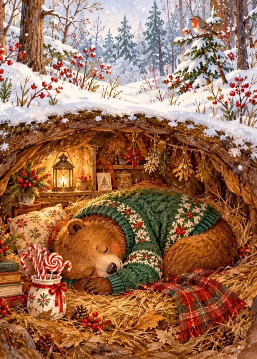 Winter postcard from Winter. Dreams of Happiness by T&A featuring a little bear sleeping beneath a knitted green blanket in a cosy woodland nest surrounded by snow, berries and a glowing lantern.